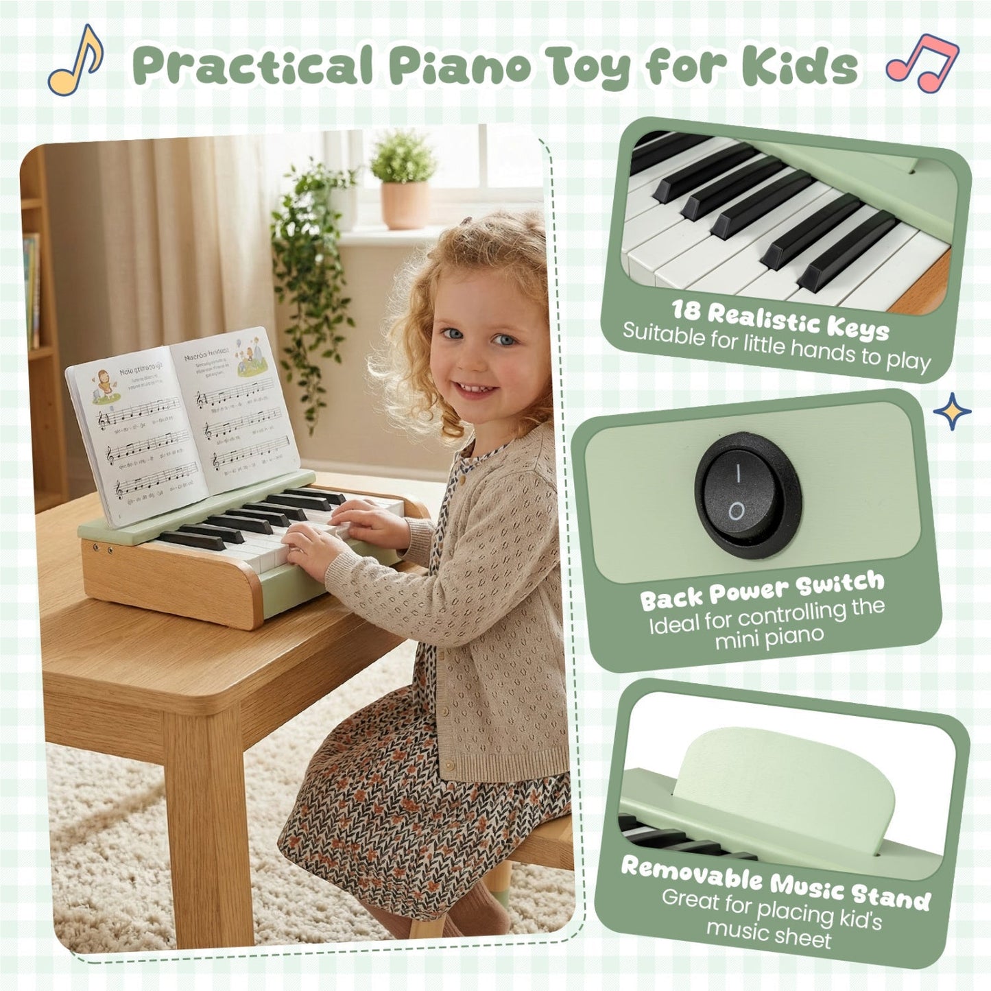 18-Key Wooden Kids Piano with Music Stand – BrightSprig