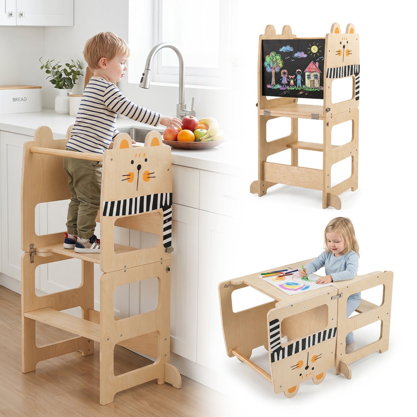 3-in-1 Wooden Kids Step Stool with Chalkboard – BrightSprig