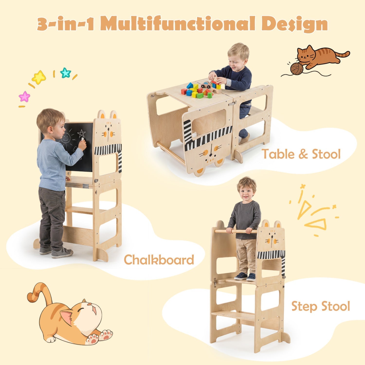 3-in-1 Wooden Kids Step Stool with Chalkboard – BrightSprig