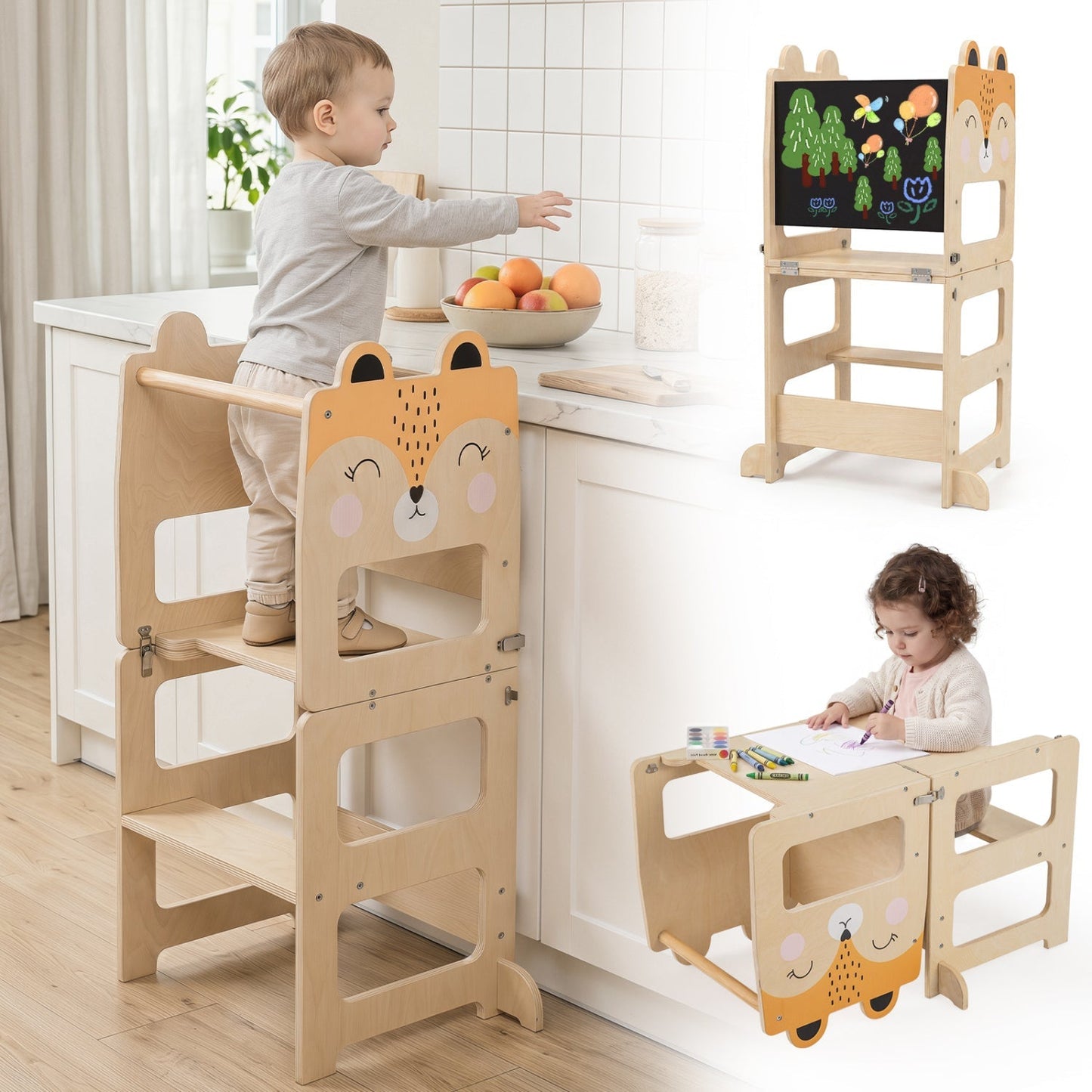 3-in-1 Wooden Kids Step Stool with Chalkboard – BrightSprig