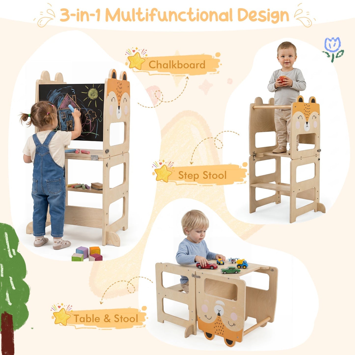 3-in-1 Wooden Kids Step Stool with Chalkboard – BrightSprig