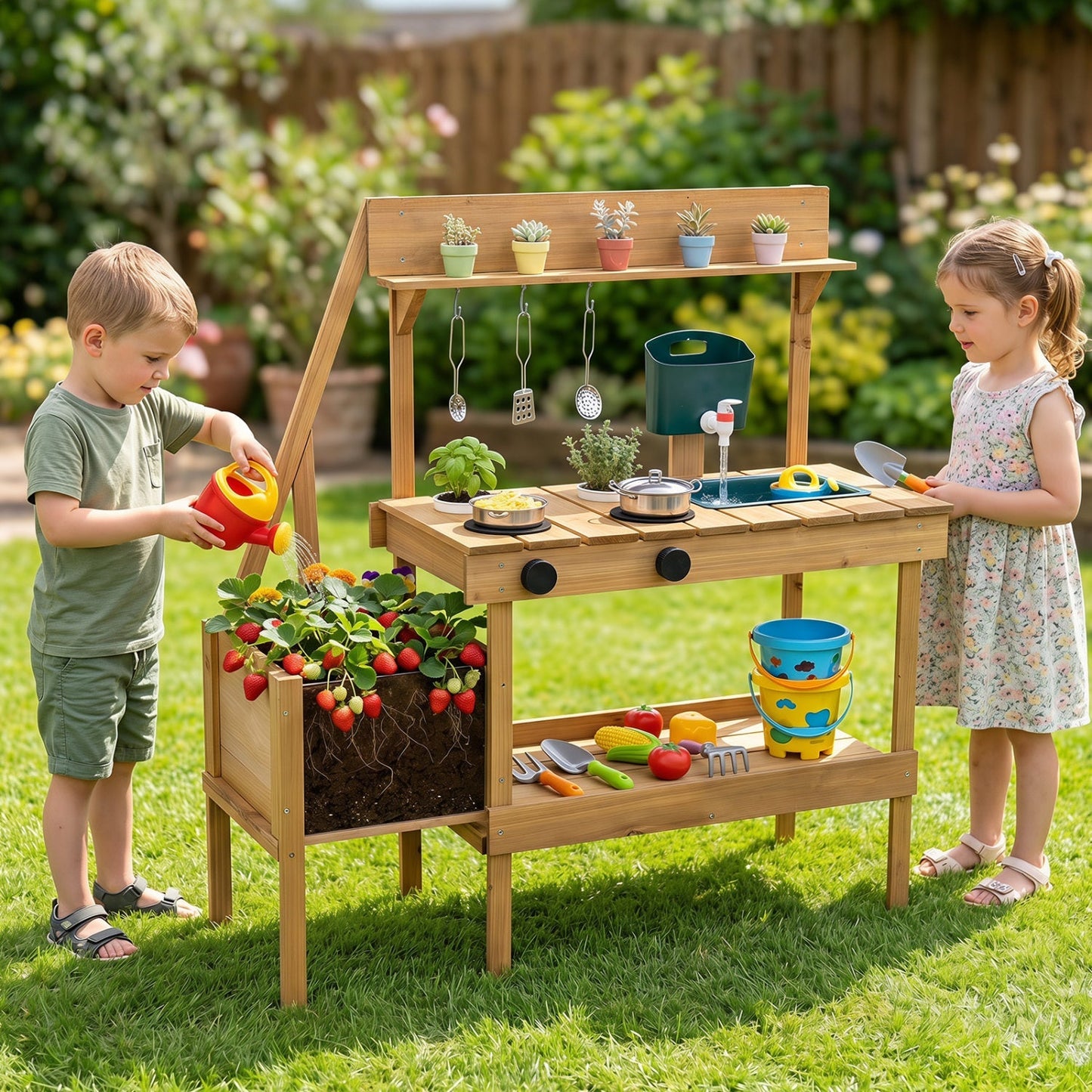 Wooden Mud Kitchen with Planter Box for Kids – BrightSprig