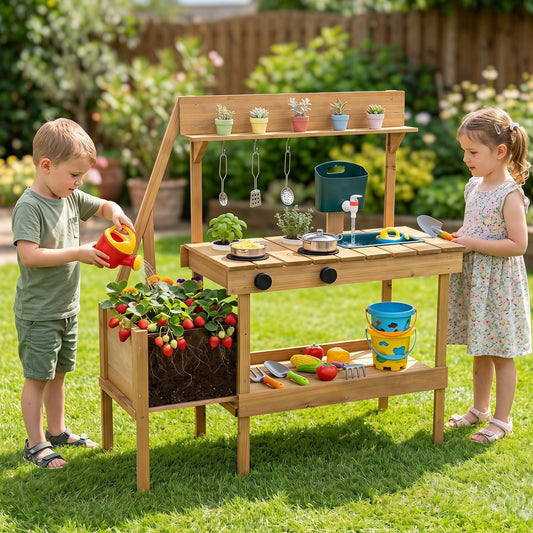 Wooden Mud Kitchen with Planter Box for Kids – BrightSprig