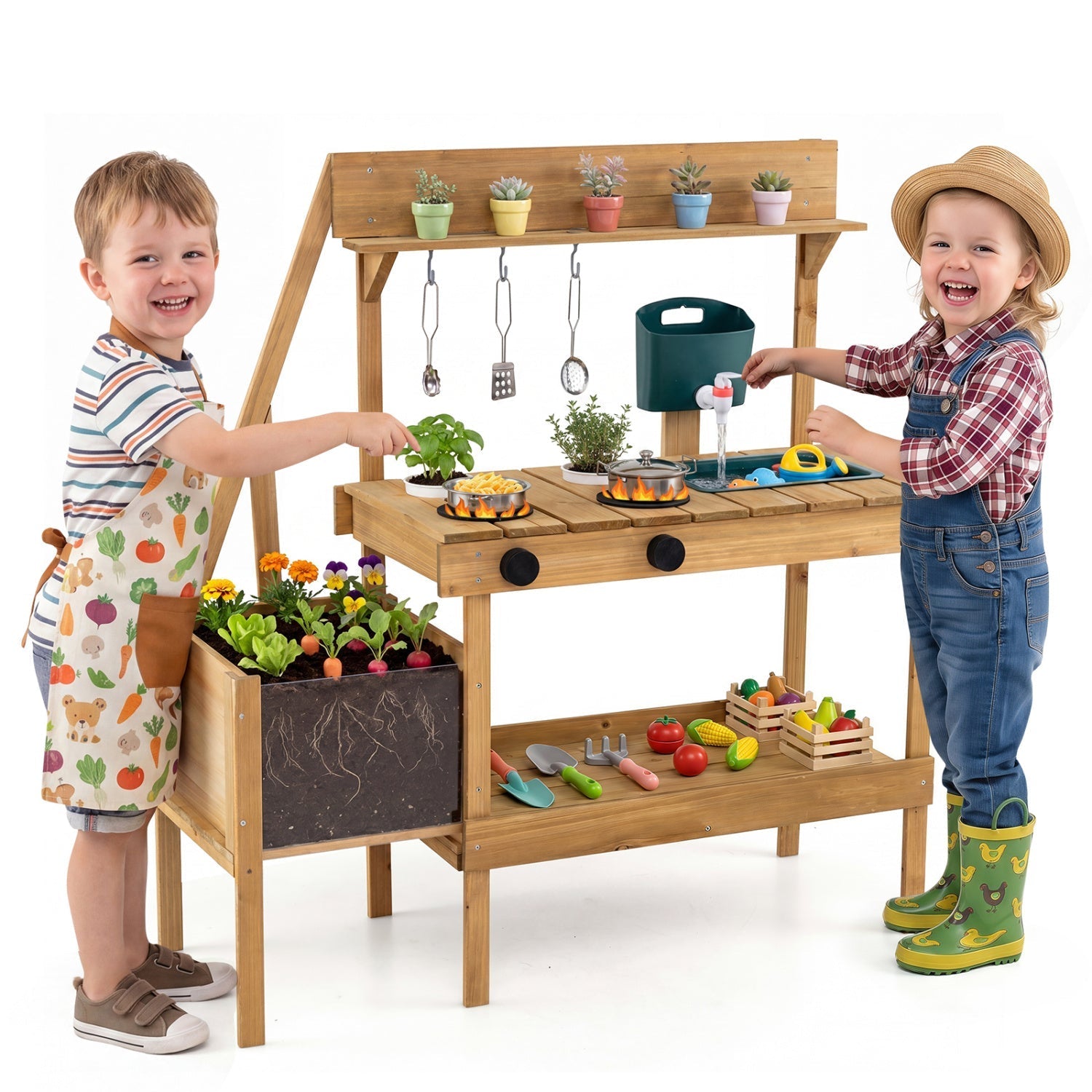 Wooden Mud Kitchen with Planter Box for Kids – BrightSprig