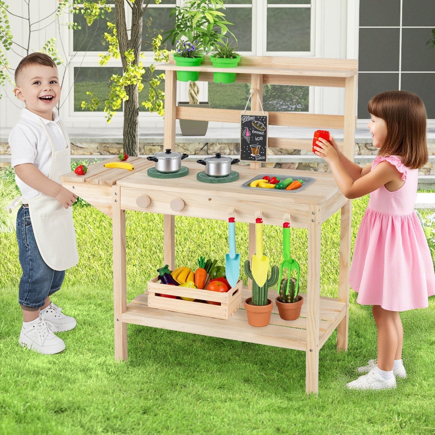 Kids Play Kitchen Set Wooden Kitchen Playset with Stoves for Boys Girls 3+ – BrightSprig