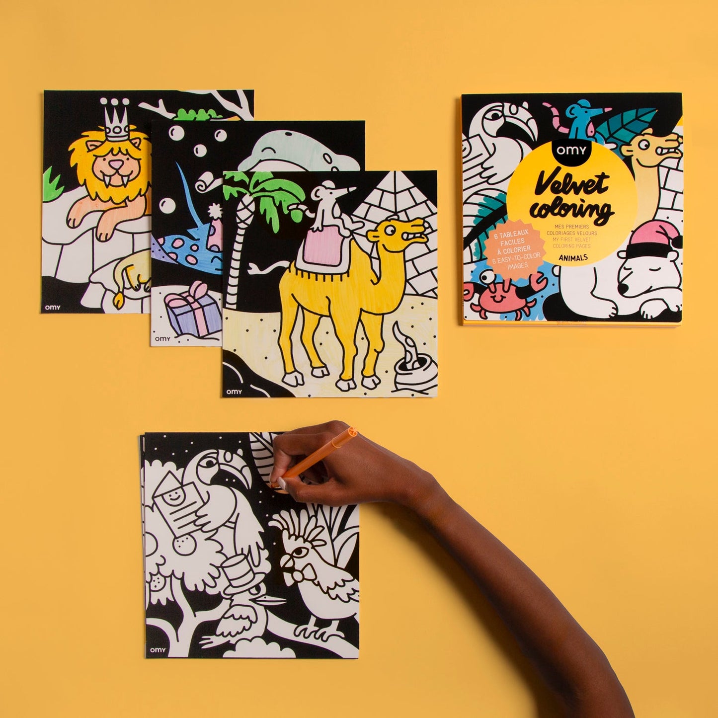 OMY Animal Velvet Coloring Set in use