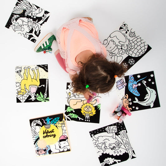OMY Animal Velvet Coloring Set in use