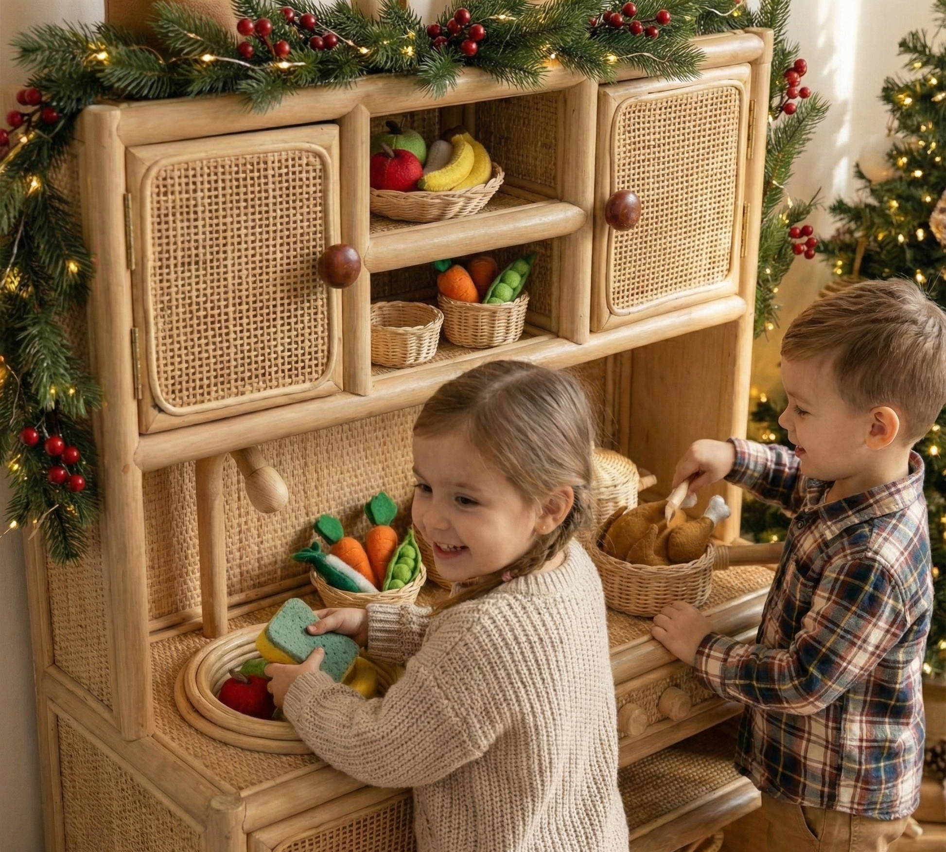 Lullaby Rattan Montessori-Style Rattan Play Kitchen | Natural Pretend Play Station with Storage – BrightSprig