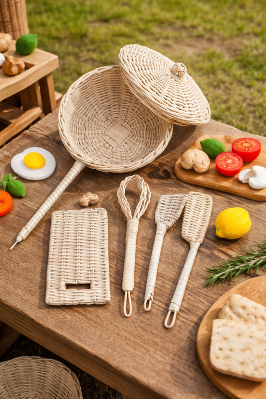 Lullaby Rattan Handmade Rattan Play Kitchen Utensils - Montessori Pretend Play Cooking Set – BrightSprig
